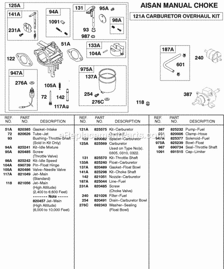 Aisan Manual Choke Carburetor Diagram and Parts List for 589447-0310-99  Briggs and Stratton Engine